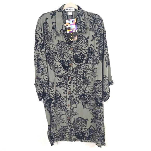 *NWT* We Be Bop Green-Gray/Black Tunic Top/Dress Floral Artsy Lagenlook, size 0X - Picture 1 of 12
